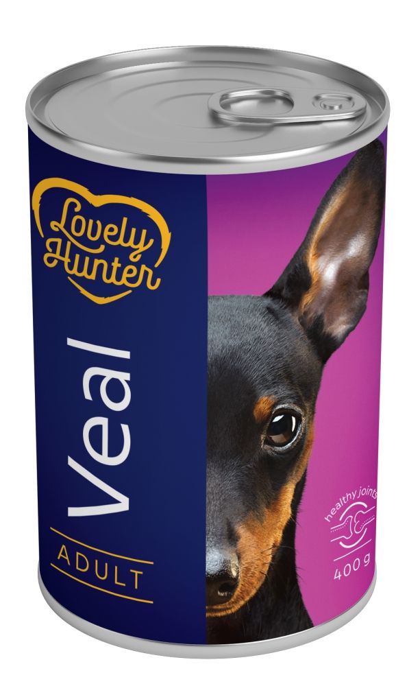 Hrana umeda pentru pentru caini adulti pe baza de carne de vițel, Lovely Hunter Veal, 400 g, conserva