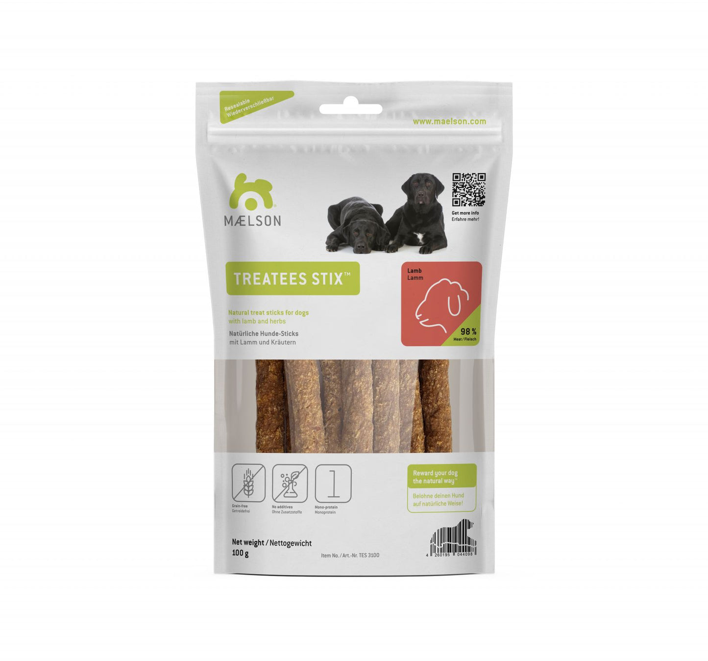 Batoane naturale de ros pentru câini din carne de miel, Treatees Stix 100, Lamb, 13 x 2 x 22.5 cm, 100 g