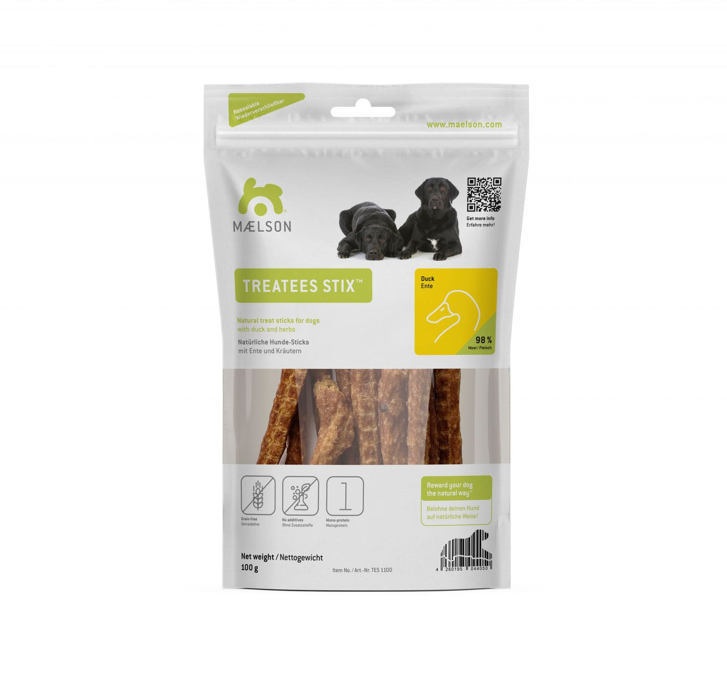 Batoane naturale de ros pentru câini din carne de rata, Treatees Stix 100 Duck, 13 x 2 x 22.5 cm, 100 g