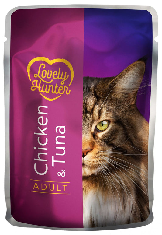 Hrana umeda pentru pisici adulte pe baza de pui si și ton, Lovely Hunter Adult Chicken and Tuna, 85 grame, pliculet