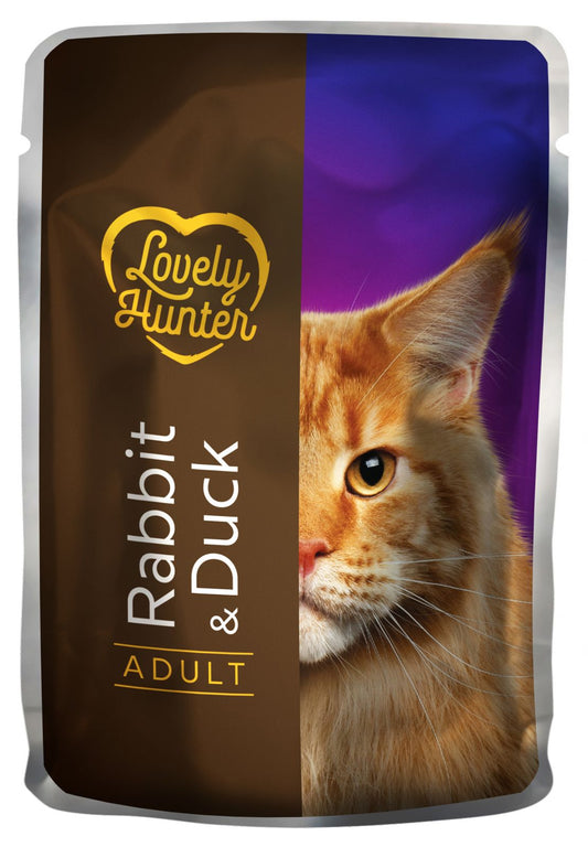 Hrana umeda pentru pisici adulte pe baza de carne de iepure si rața, Lovely Hunter Adult Rabbit and duck, 85 grame, pliculet