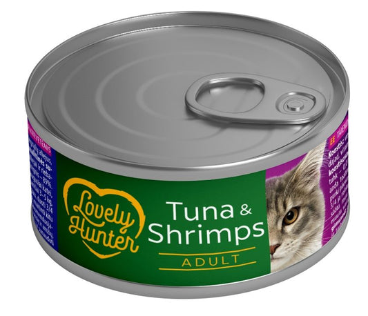 Hrana umeda pentru pisici adulte pe baza de ton si creveti, Lovely Hunter adult Tuna and shrimps, 85 g, conserva