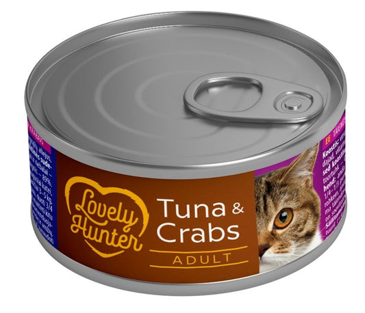 Hrana umeda pentru pisici adulte pe baza de ton si crabi, Lovely Hunter adult Tuna and crabs, 85 g, conserva