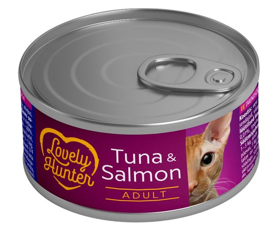 Hrana umeda pentru pisici adulte pe baza de ton si somon, Lovely Hunter adult Tuna and salmon, 85 g, conserva