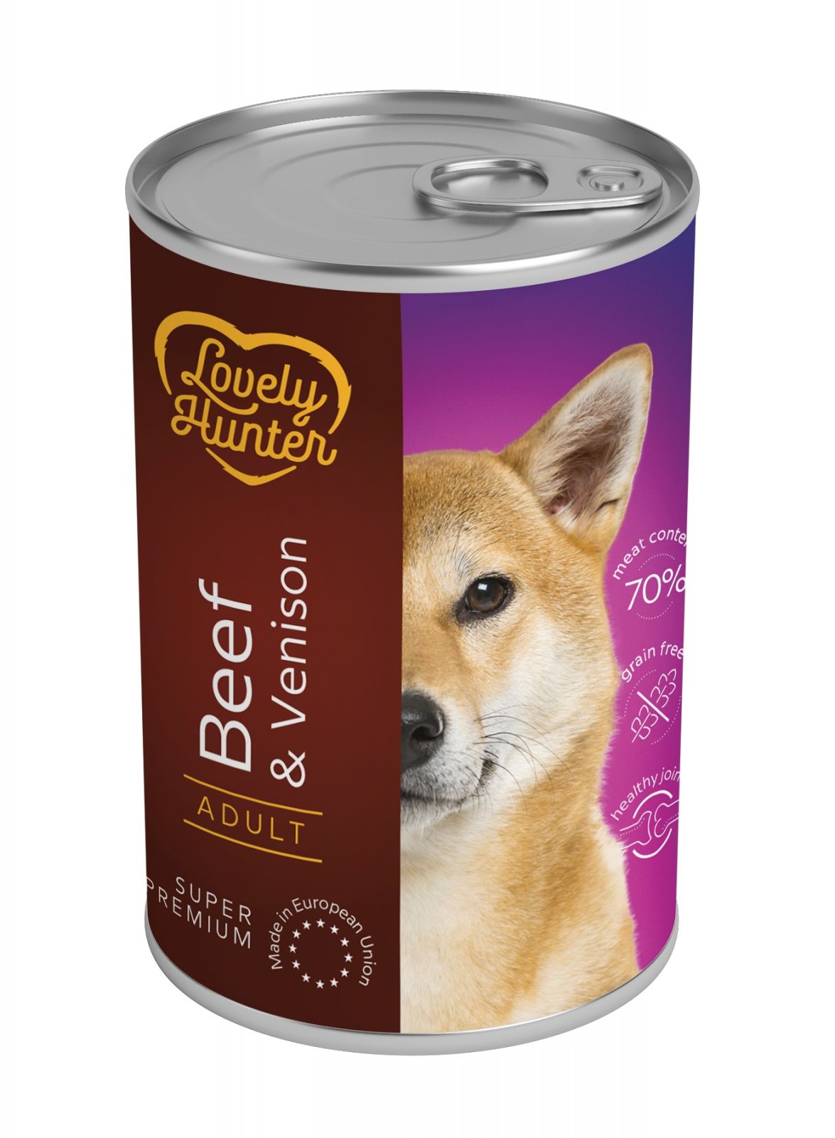 Hrana umeda pentru pentru caini adulti pe baza de carne de vita si caprioara, Lovely Hunter Beef and venison, 400 g, conserva