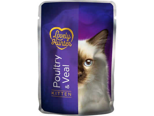 Hrana umeda pentru pisici tinere pe baza de carne de pasare si vițel, Lovely Hunter Kitten Poultry and Veal, 85 grame, pliculet