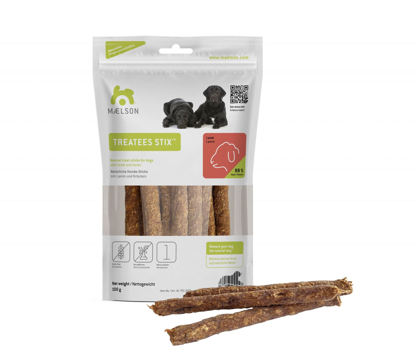 Batoane naturale de ros pentru câini din carne de miel, Treatees Stix 100, Lamb, 13 x 2 x 22.5 cm, 100 g