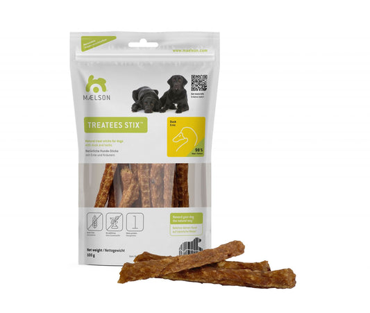 Batoane naturale de ros pentru câini din carne de rata, Treatees Stix 100 Duck, 13 x 2 x 22.5 cm, 100 g