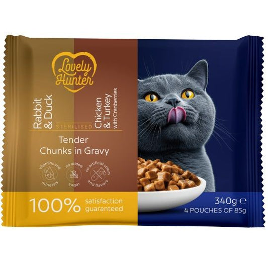 Set hrana umeda pentru pisici adulte Lovely Hunter mix pui, curcan, iepure si rata 4x85g