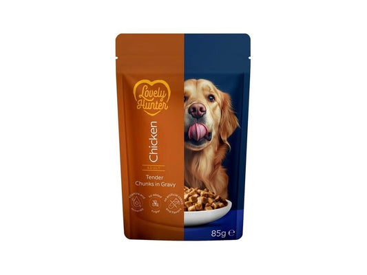 Hrana umeda pentru caini de toate rasele adulte pe baza de carne de pui, LOVELY HUNTER,Chicken ,85 grame, pliculet