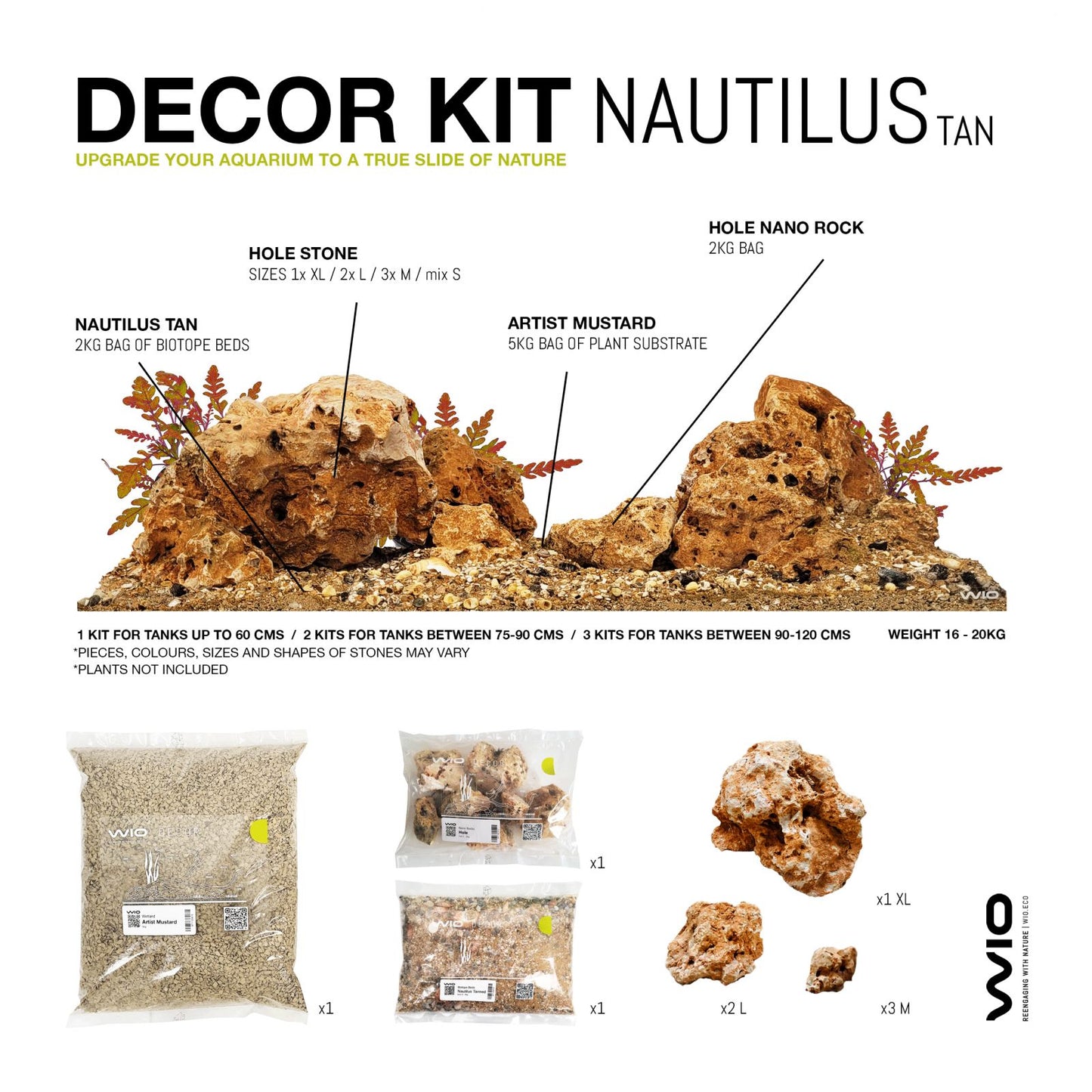 Kit complet cu substrat si pietre pentru decorul acvariului, Wio, Nautilus Tan Decor Kit, 20 kg