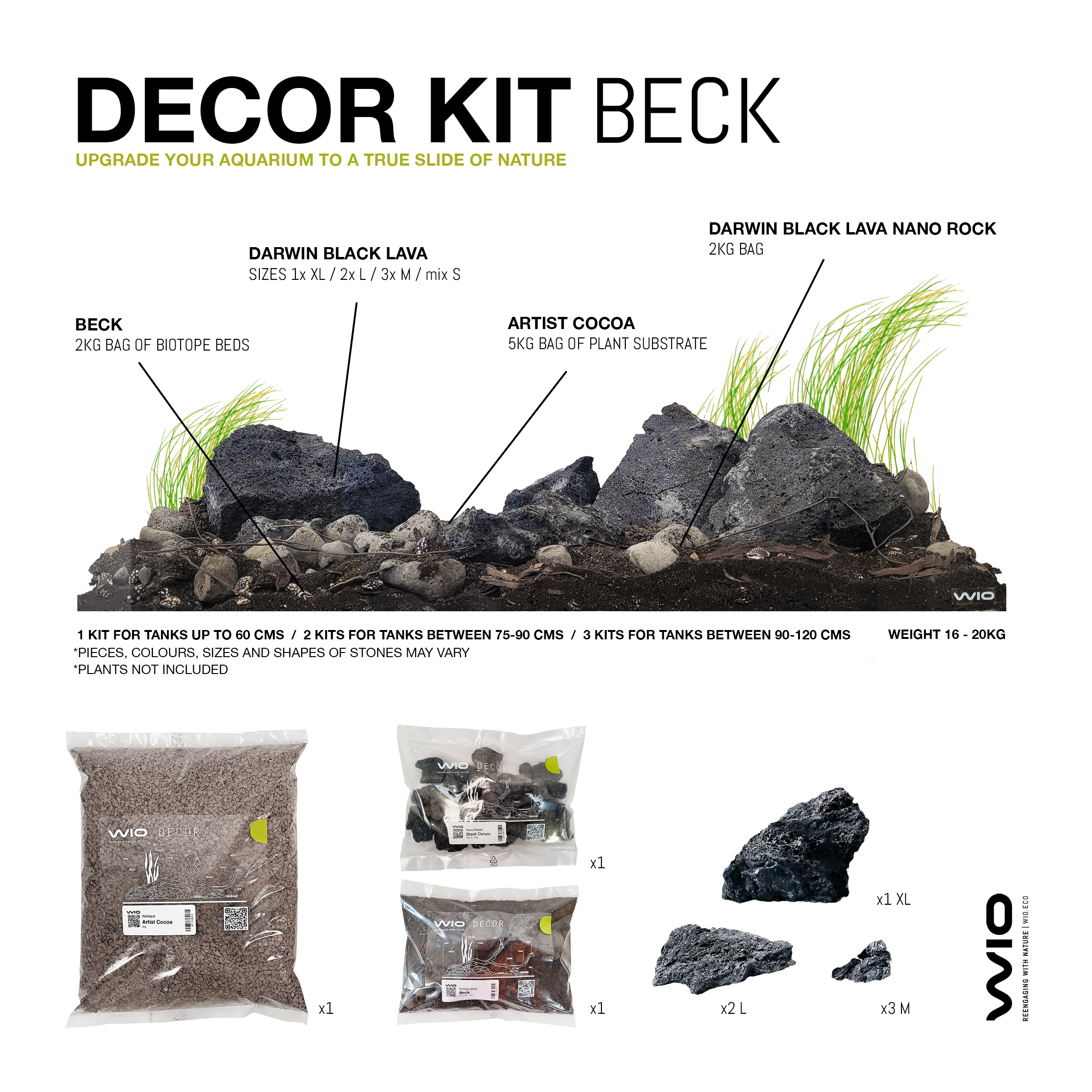 Kit complet cu substrat si pietre pentru decorul acvariului, Wio, Beck Decor Kit, 20 kg