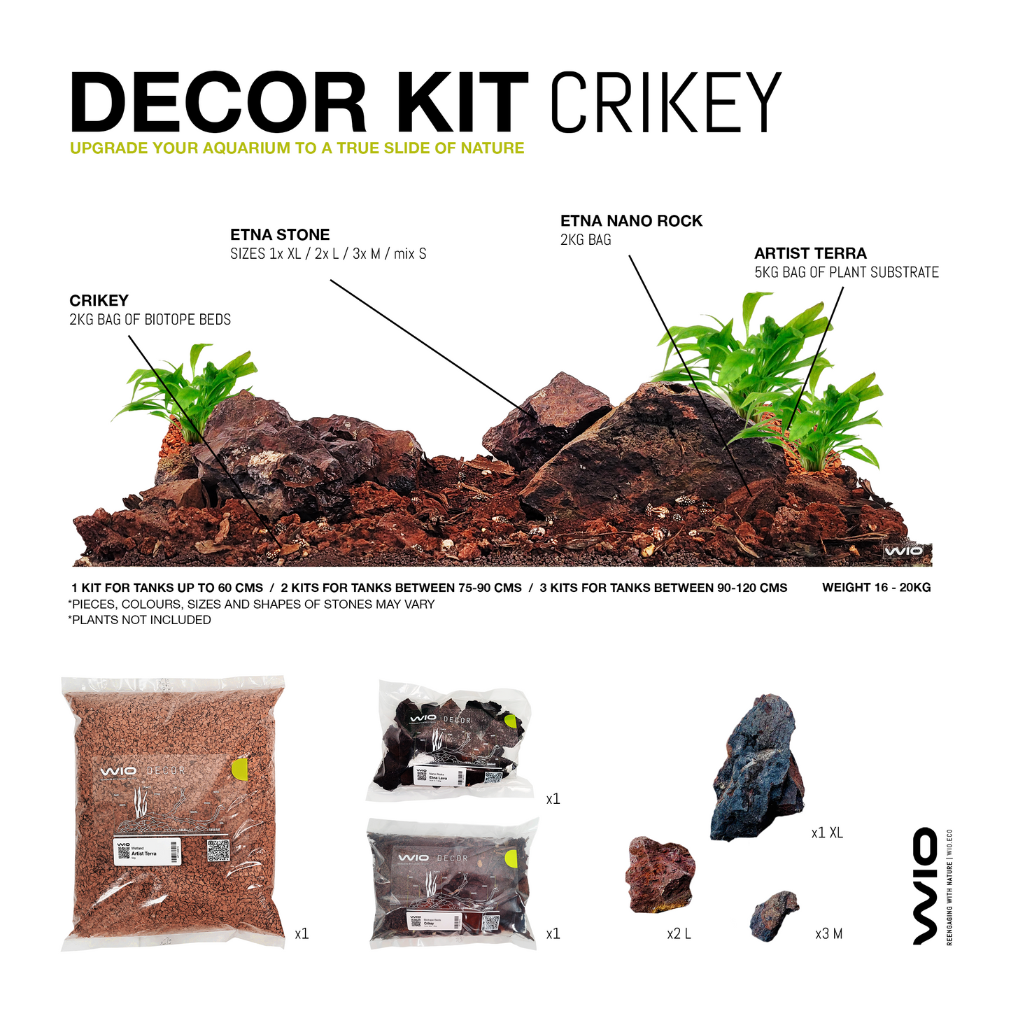 Kit complet cu substrat si pietre pentru decorul acvariului, Wio, Crikey Decor Kit, 20 kg