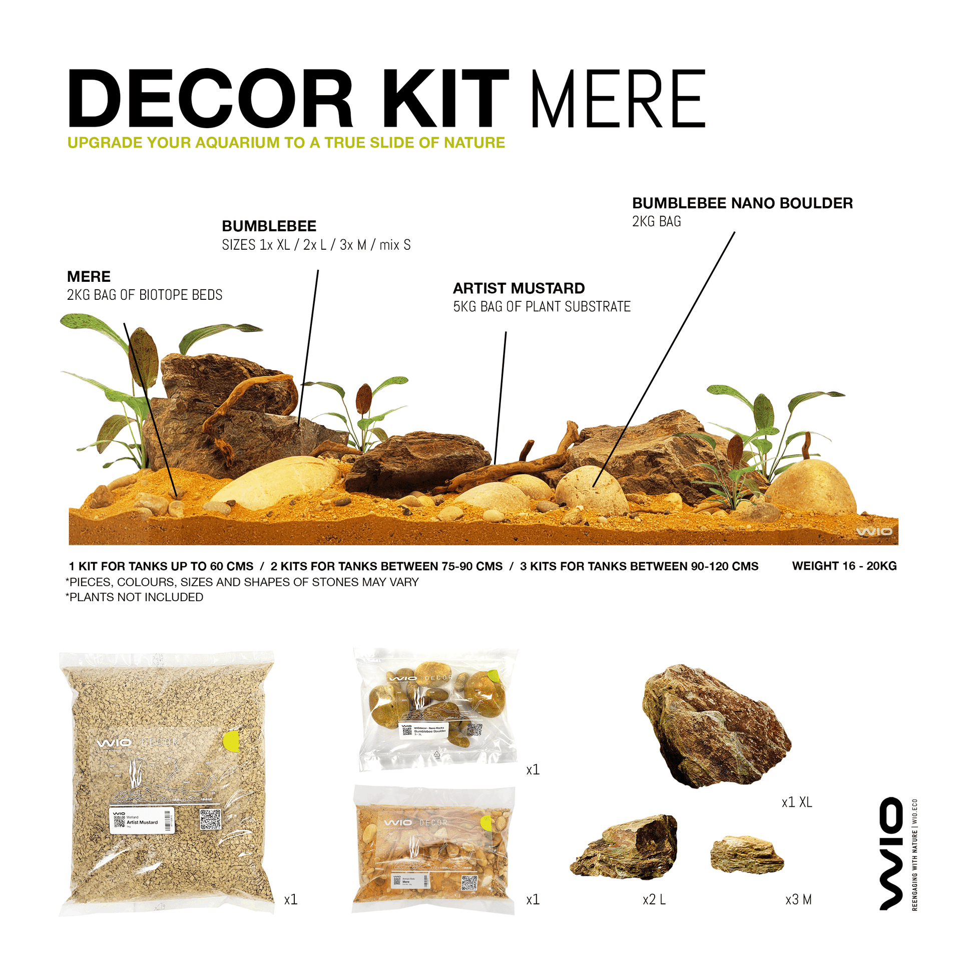 Kit complet cu substrat si pietre pentru decorul acvariului, Wio Mere Decor Kit, 20 kg