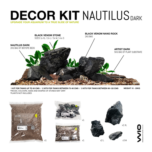 Kit complet cu substrat si pietre pentru decorul acvariului, Wio, Nautilus Dark Decor Kit, 20 kg