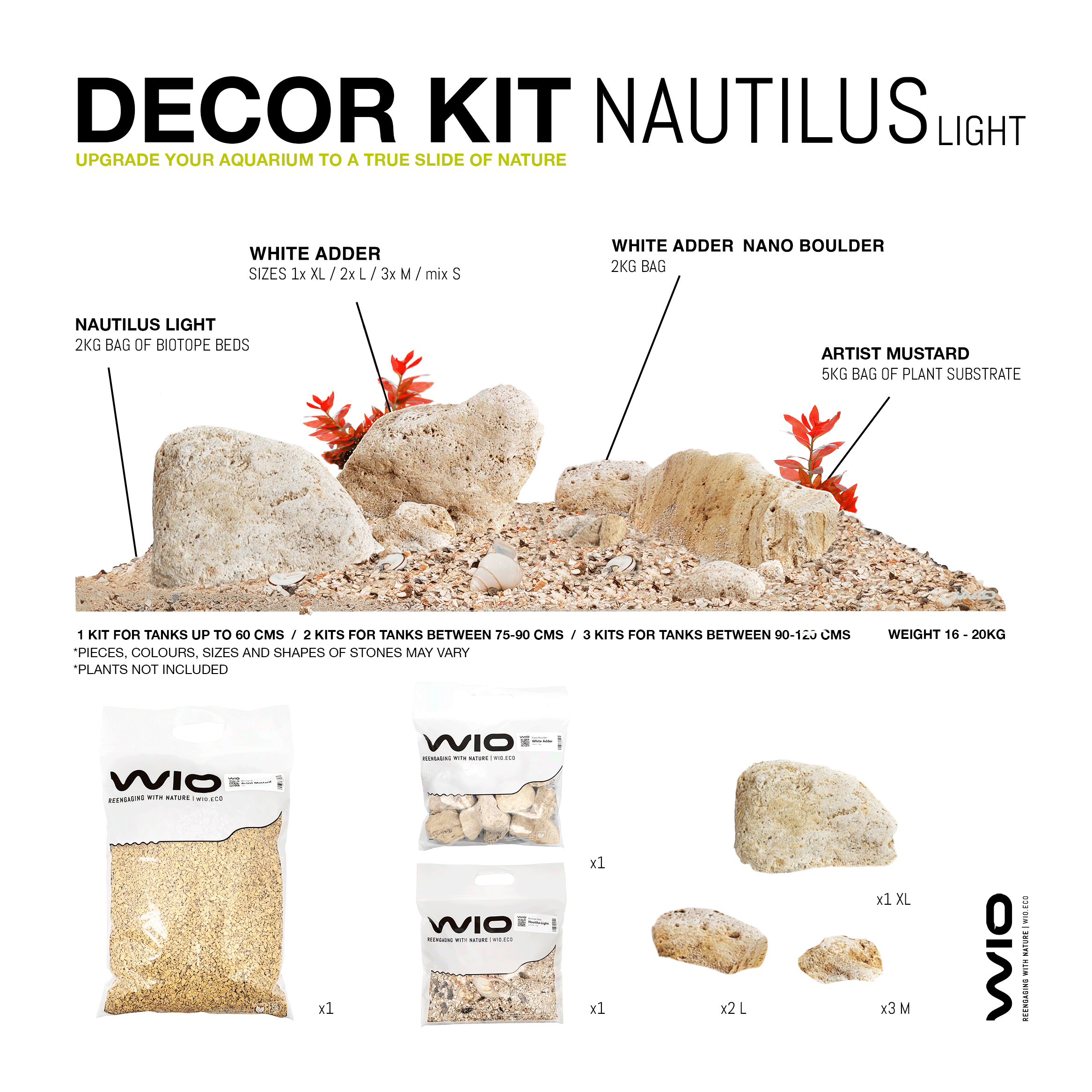 Kit complet cu substrat si pietre pentru decorul acvariului, Wio, Nautilus Light Decor Kit, 20 kg