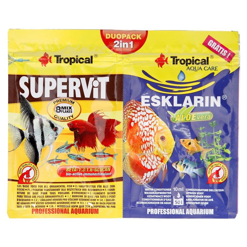 Pachet promotional cu hrana sub forma de fulgi + conditioner pentru apa de acvariu, Tropical Duopack Supervit 12g+Esklarin 10ml